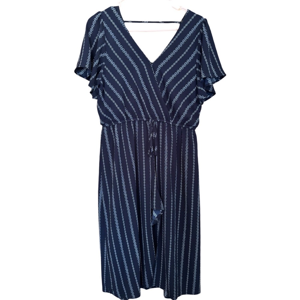 HALO Navy Blue White Striped Faux Wrap Romper Flutter Sleeve Medium Spring